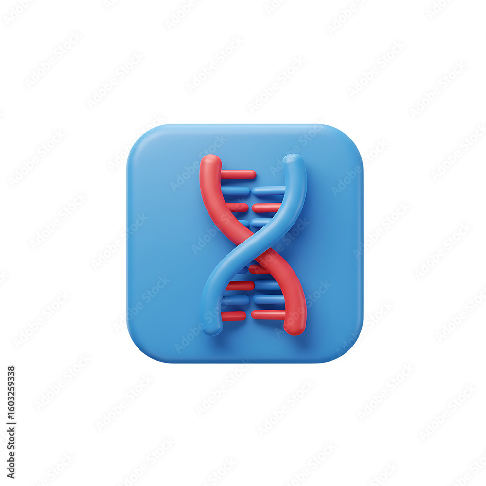 Fototapete a 3d rendered icon depicting a dna double helix structure on a blue square.