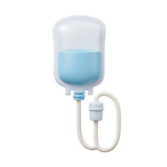 A 3D rendered illustration of a medical intravenous drip bag with blue liquid.