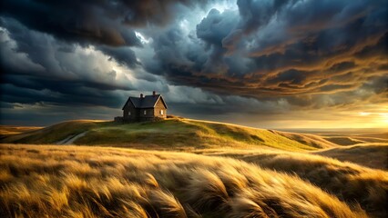 Fototapeta premium Dramatic landscape with a house on a hill under a stormy sky and golden fields creating a sense of isolation and serene beauty