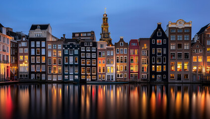 Obraz premium Evening View Of Dutch Canal Houses With Reflections In Water And Glowing Windows In Amsterdam