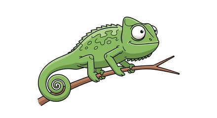Fototapeta premium Charming green cartoon chameleon with big eyes, resting on a tree branch. Vector illustration of a reptile mascot.