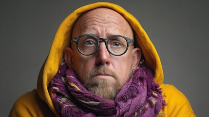 Portrait of bald man with beard wearing glasses yellow hood and purple scarf expressing deep gaze and serious mood