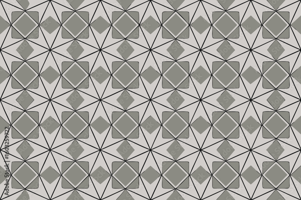 Poster geometric grayscale pattern with diamonds squares and triangles repeated across the abstract surface