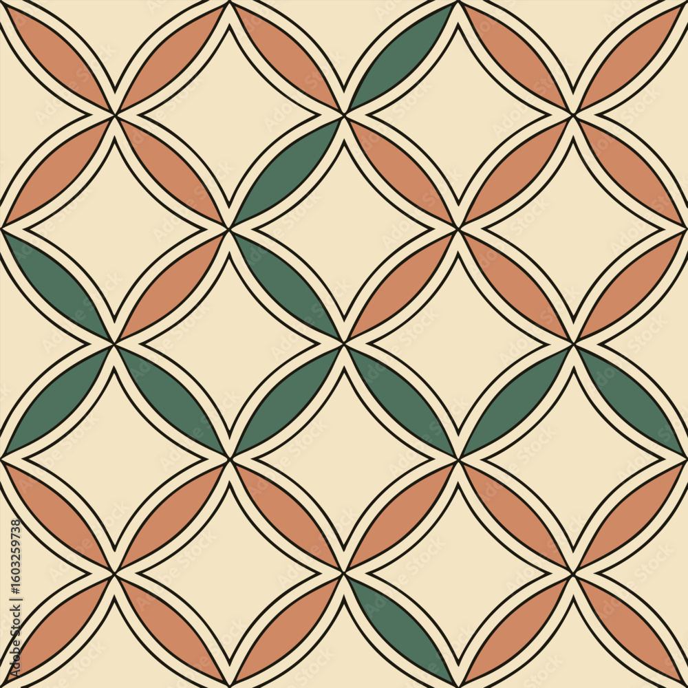 Poster geometric seamless pattern featuring a symmetrical design with overlapping leaf shapes in various ea