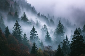 Fototapeta premium Enchanted foggy autumn woods in the Slovak mountains Mysterious misty landscape with spruces