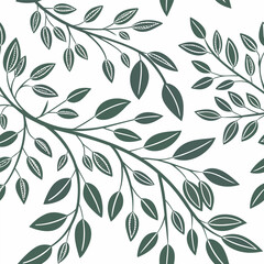 Fototapeta premium Minimalist botanical seamless pattern with dark green leaves and branches on a clean white background decorative design