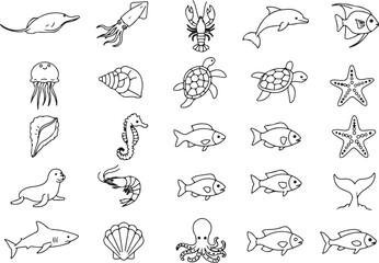 Sea Creatures Icons, Marine Life Illustration, Black and White Graphics, Ocean Animals Set, Stingray, Jellyfish, Turtle, Dolphin, Crab, Octopus, Seal, Shark