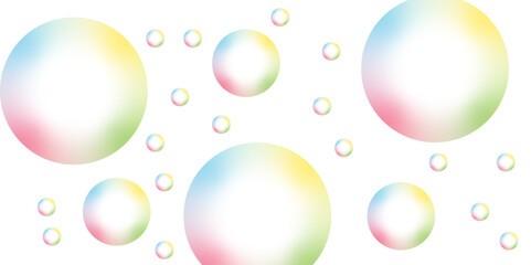 Modern abstract white bubble background. Soap bubbles with rainbow reflection on white background. Soapy bright multicolored bubbles fly randomly on a white background. 