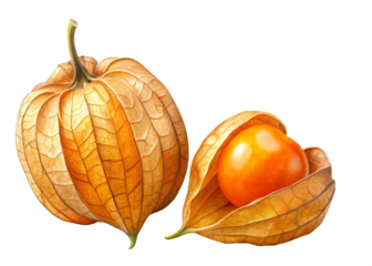 Two detailed golden yellow physalis fruits with orange berry inside one husk isolated on a transparent background