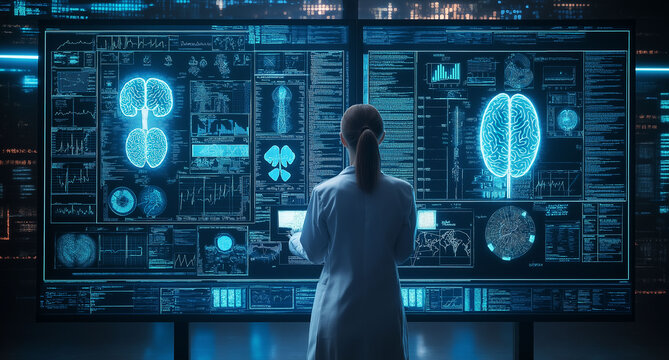 Scientist analyzing brain scans and medical data on a large screen