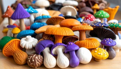 Naklejka premium Colorful clay mushrooms arranged on a light-colored surface