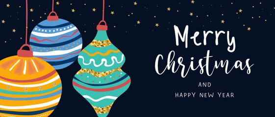 Colorful New Year card or banner with Christmas tree balls. Template for poster, banner, advertising, social networks.