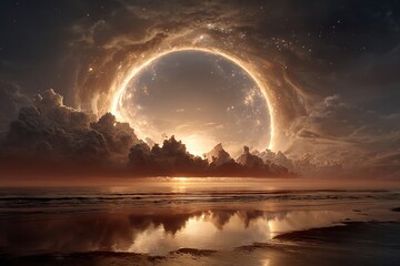 Stunning cosmic landscape with a massive glowing ring in the clouds above a watery horizon at sunset, creating an atmosphere of mystery and wonder