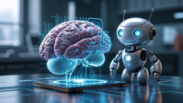 Robotic character stands beside a glowing brain display in a high-tech lab setting showcasing advanced AI technology