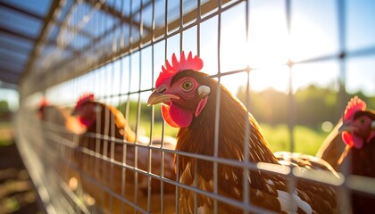 Chickens behind wire fence in sunlight