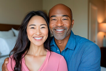 Middle-aged multiethnic couple hugging in bedroom
