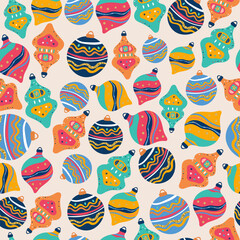 Seamless pattern with colorful Christmas decorations and glitter. Festive decoration for New Year celebration. Cozy winter design.