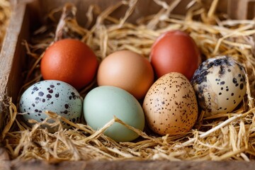 Fototapeta premium Vibrant eggs from diverse hen breeds like Araucana and Ameraucana in a hay nest along with a wooden egg to stimulate laying