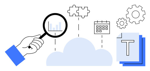 Magnifying glass examining cloud with bar graph, puzzle pieces, calendar, gears, text documents. Ideal for technology, data management, cloud storage, analysis organization collaboration simple