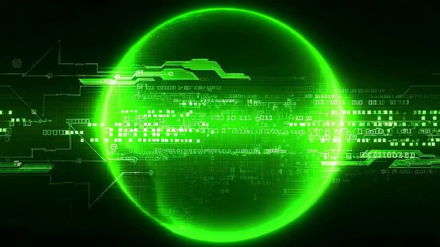 Abstract green digital globe with circuit board pattern and binary code on a dark background