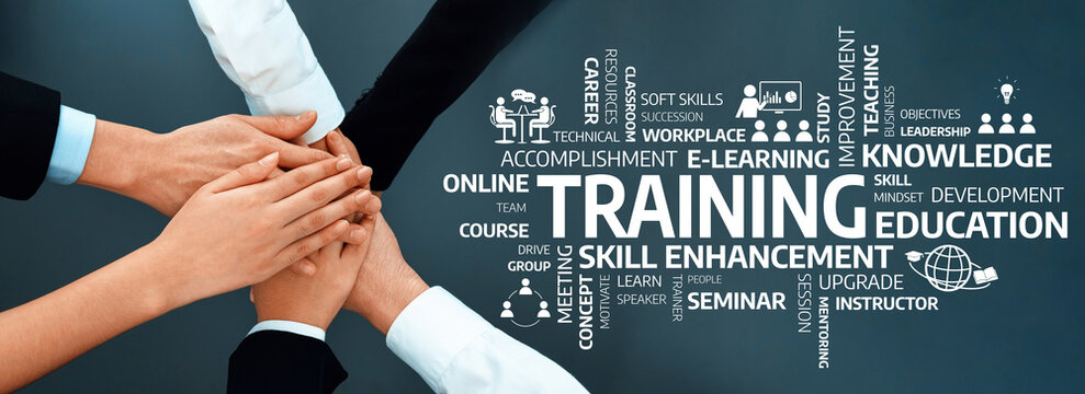 A visual representation of teamwork with hands joining together, featuring keywords related to training, skill enhancement, and education for professional and personal development. Amity