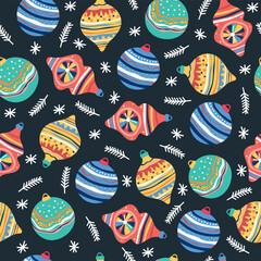 Colorful Christmas decorations and snowflakes, festive seamless pattern. Winter holiday background for greeting card or fabric, cover.