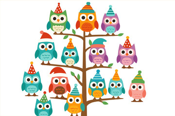 Fototapeta premium Illustrated Gathering of Festive Seasonal Owls and Foliage
