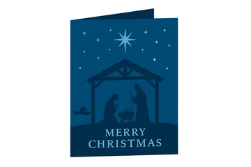 Merry Christmas - the savior is born with nightly Christmas scenery featuring Mary and Joseph in a manger with baby Jesus in a vector design