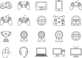 Gaming Icons, Computer Setup, Game Controller, Headset, Laptop, Smartphone, Trophy, Steering Wheel, Award Ribbon, Mouse, Television, Digital Devices, High Quality Asset