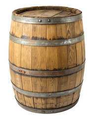 Obraz premium Weathered wooden barrel with metal hoops on a white background isolated on a transparent background oak barrel