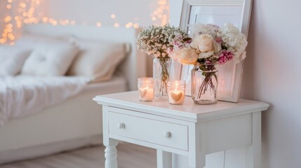 A cozy bedroom vignette with floral arrangements and candles.