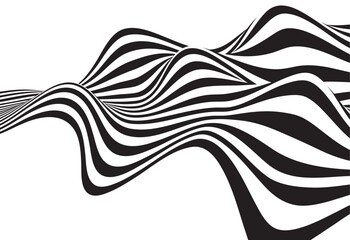 Dynamic black and white striped wave pattern forming a fluid optical illusion. Abstract flowing lines ideal for modern art, backgrounds, motion graphics, or visual identity design.