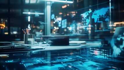 A futuristic desk with digital interfaces and technology, reflecting urban city lights - Powered by Adobe