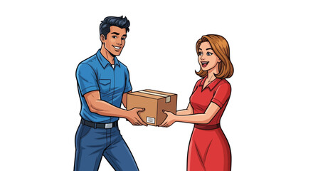Delivery service in action, with a smiling courier passing package to woman in red dress. Fast delivery service ensures prompt arrival, building trust with every exchange,