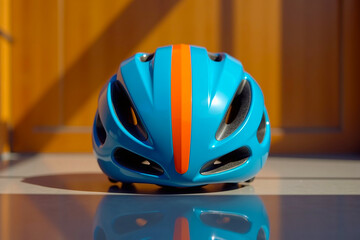 Fototapeta premium Blue Bicycle Helmet with Orange Stripe, Sleek Safety Gear in Reflective Indoor Setup