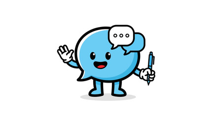 Fototapeta premium Cute speech bubble character holding a pen and waving. A friendly mascot illustration for communication and messaging.