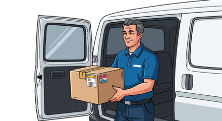 Delivery person carrying cardboard box from delivery van. Delivery professional handles the package carefully, open van doors visible, ensures safe and timely distribution.