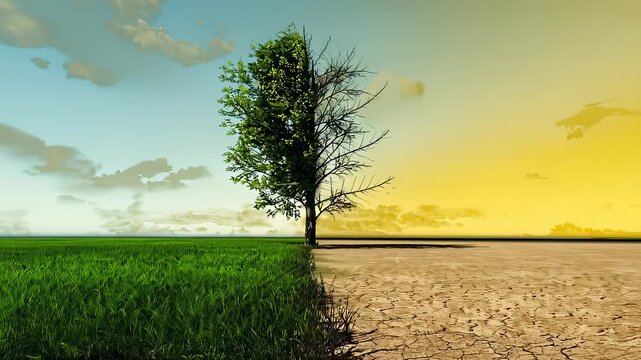 Half-dead tree standing between green field and cracked dry land, climate change concept