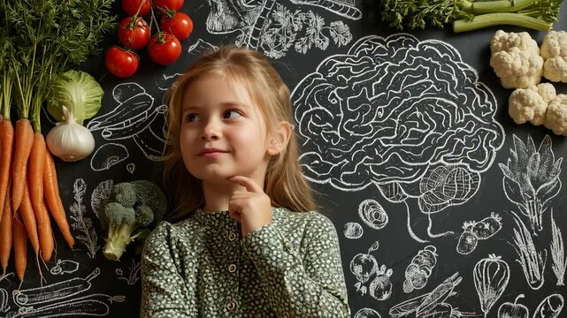 Young girl contemplating healthy food choices with fresh vegetables, emphasizing nutrition and wellness for better health and lifestyle