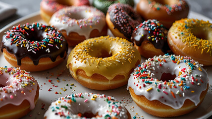Colorful Assorted Donuts with Sprinkles on Plate