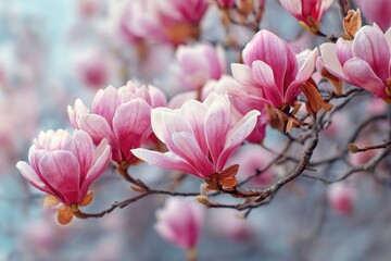 Pink magnolia flowers in spring Close up of blooming branches Floral backdrop with magnolia blossoms