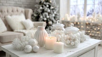 Obraz premium White Christmas decorations on a light wooden table.