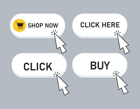 Set of clickable call-to-action buttons including “Shop Now,” “Click,” and “Buy,” with mouse cursor icons. Ideal for UI design, ecommerce, online ads, and website elements. - Powered by Adobe