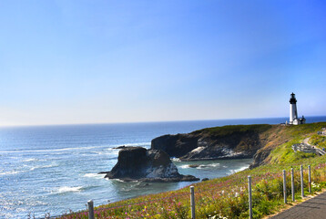 Panorama Shows Lighthouse and Cliffs