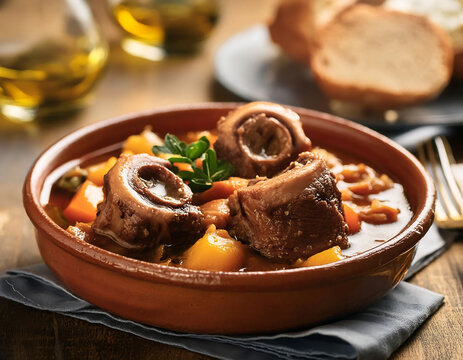 A hearty and savory Spanish oxtail stew, known as &lsquo;Rabo de Toro,&rsquo; served in a traditional clay pot, garnished with fresh herbs, showcasing the rich culinary heritage of Spain