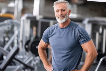 Confident gray-haired middle-aged man with beard strong physique standing modern gym symbolizing health fitness active lifestyle male strength