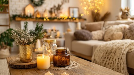 Cozy christmas living room decor with candles and greenery.