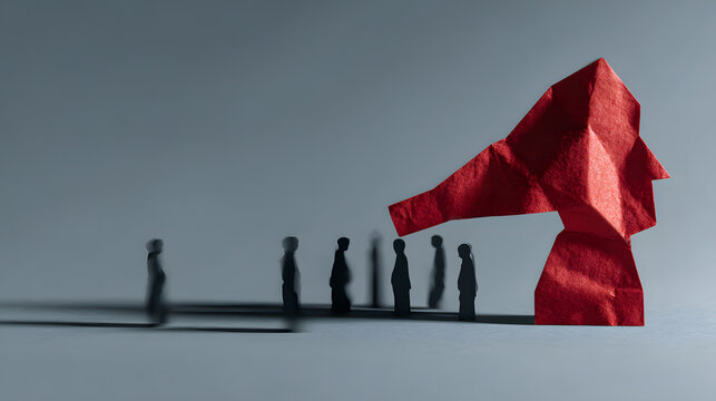 Intimidation of whistleblower concept and whistle blower stress symbol as pressure for exposing corruption with shadows of people who do not follw the rules as a red whistler shaped as a human head.