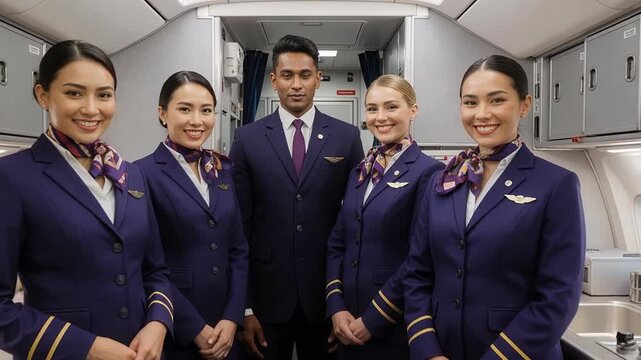 Confident flight crew team standing together in airplane cabin displaying professional airline service teamwork and expertise