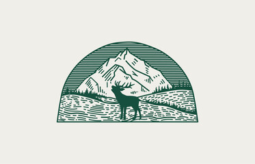 Vector line art, illustration of roaring deer in Mountain Valley. Hilly landscape with towering mountains in the background